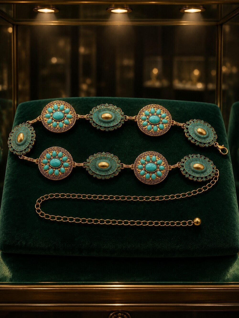 Gold-Tone Belt with Turquoise Floral Medallions — Women's Accessories - Picture 6 of 8